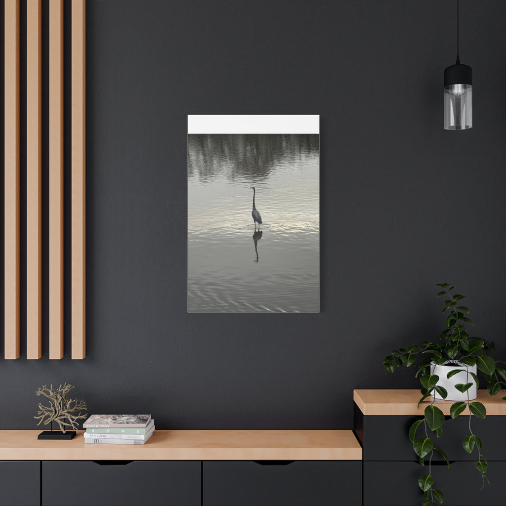 Lake Life Blue Heron Reflection Matte Stretched Canvas – Serene Wall Art