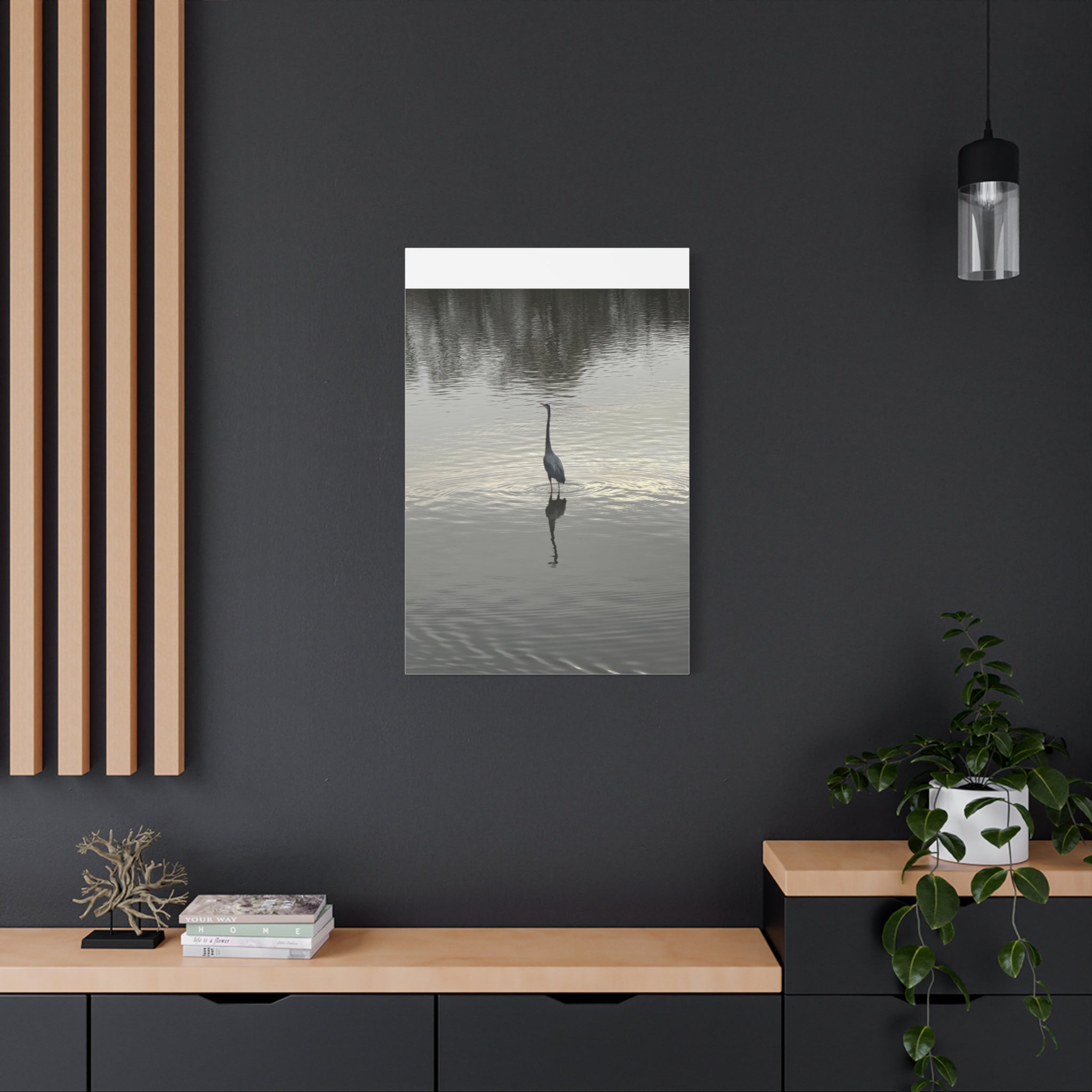 Lake Life Blue Heron Reflection Matte Stretched Canvas – Serene Wall Art