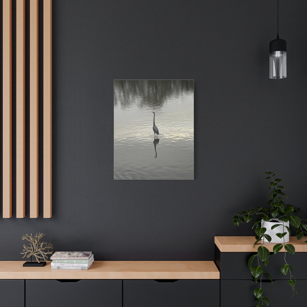 Lake Life Blue Heron Reflection Matte Stretched Canvas – Serene Wall Art