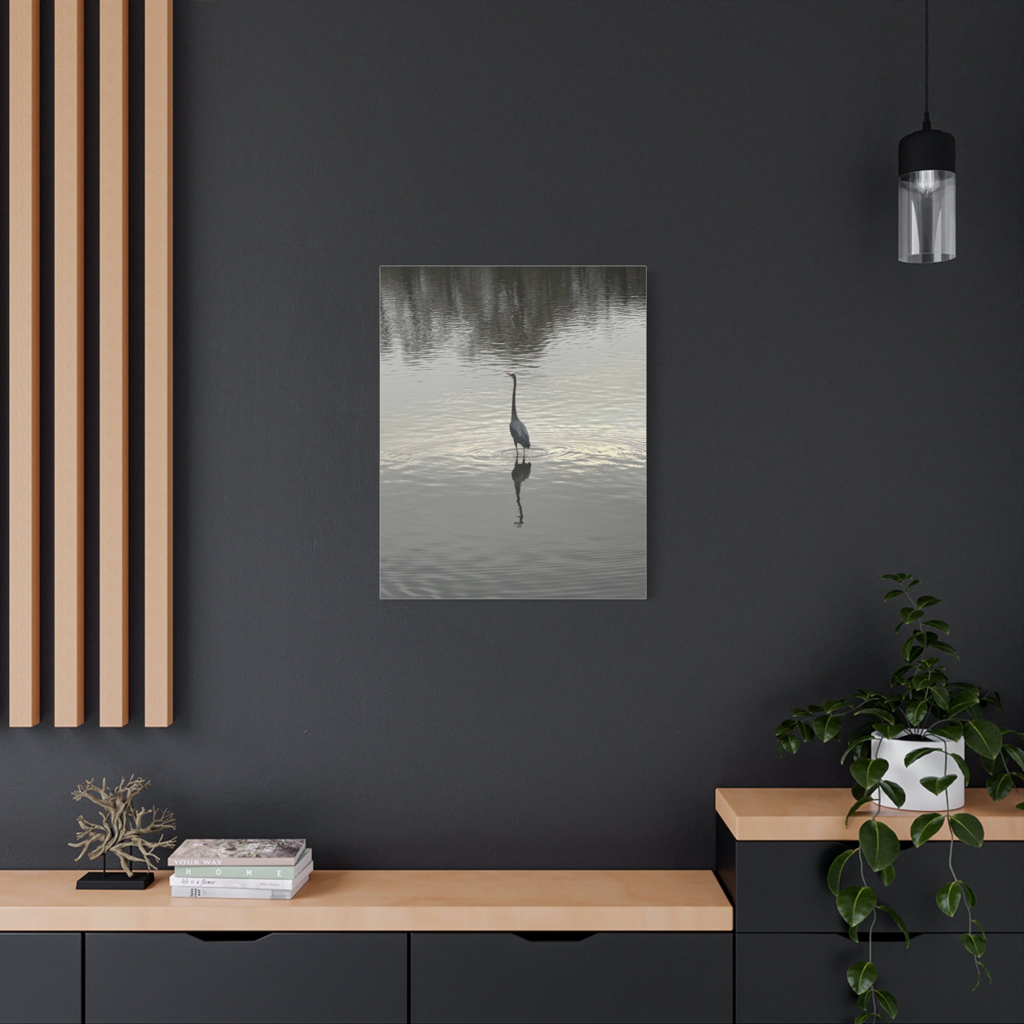 Lake Life Blue Heron Reflection Matte Stretched Canvas – Serene Wall Art