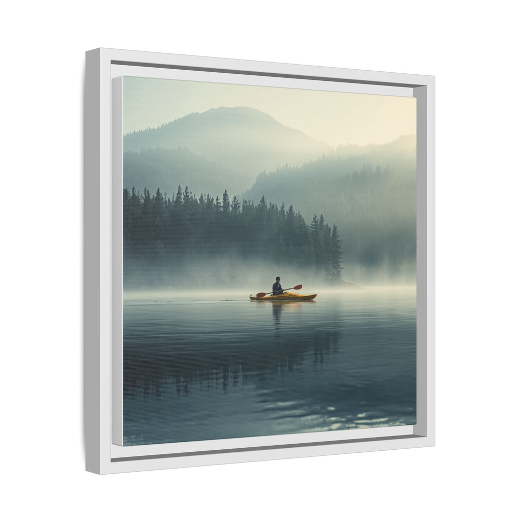 Lake Life Framed Matte Canvas: Misty Lake Kayaker Wall Art