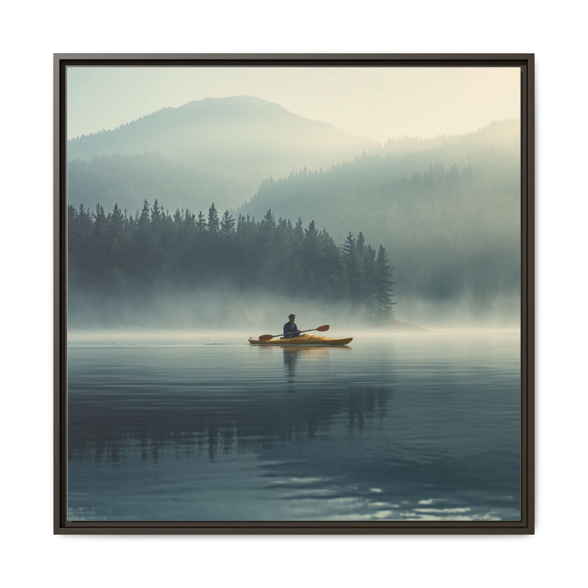 Lake Life Framed Matte Canvas: Misty Lake Kayaker Wall Art