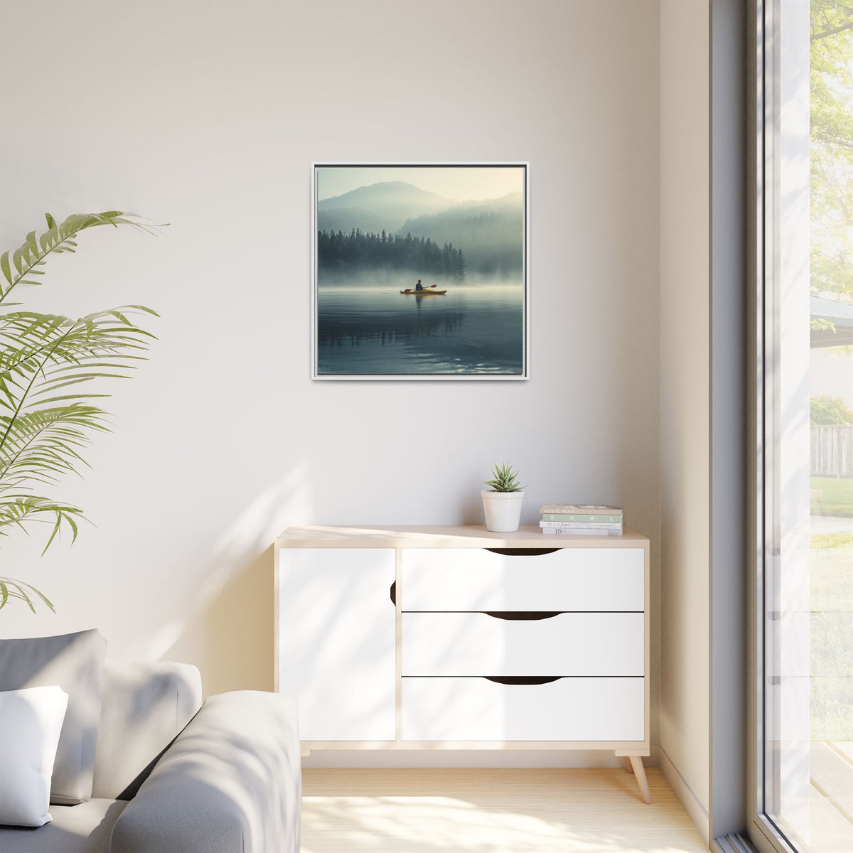 Lake Life Framed Matte Canvas: Misty Lake Kayaker Wall Art