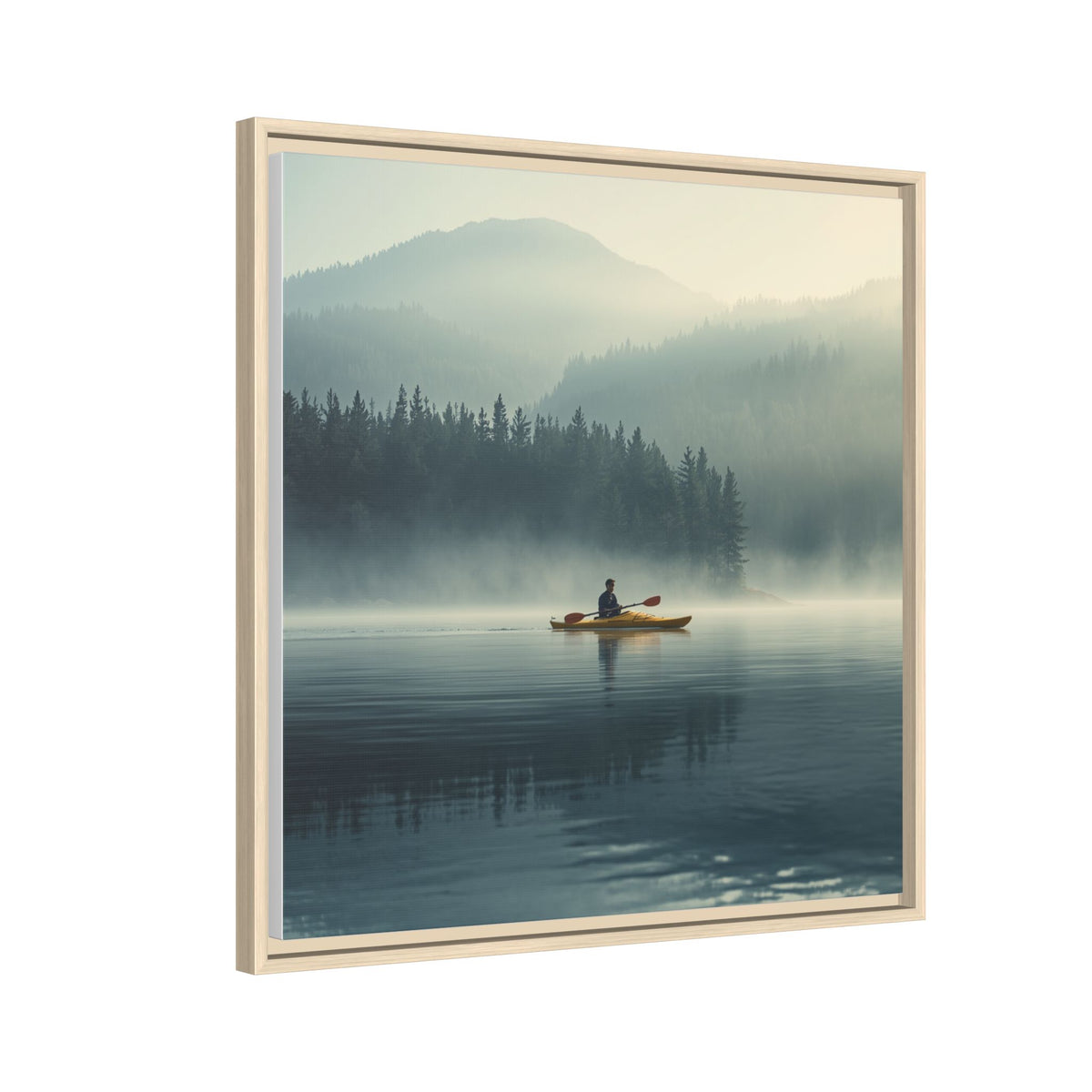 Lake Life Framed Matte Canvas: Misty Lake Kayaker Wall Art