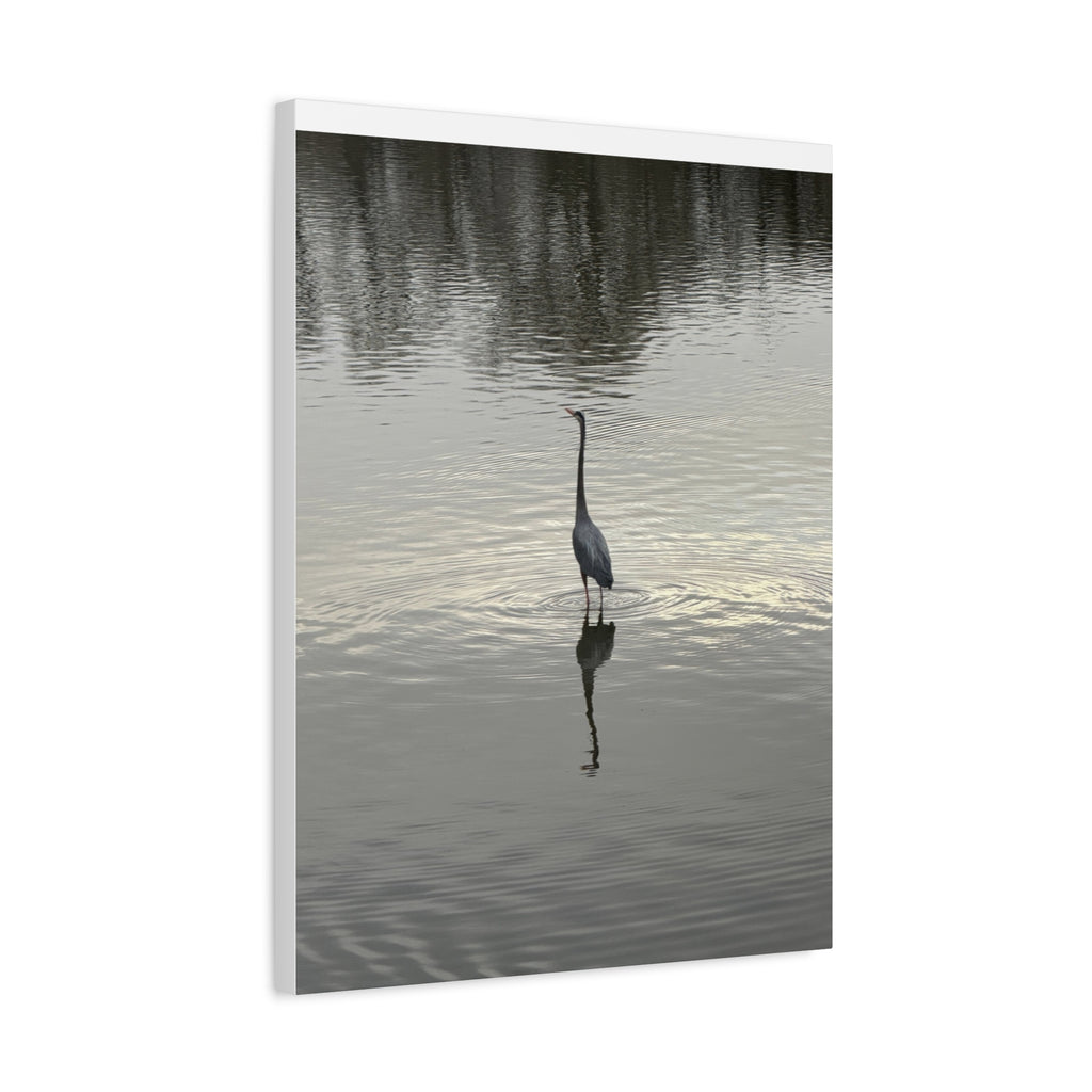 Lake Life Blue Heron Reflection Matte Stretched Canvas – Serene Wall Art