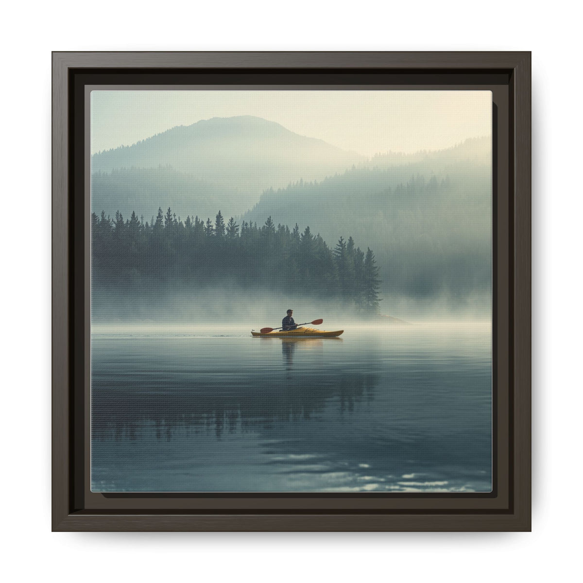 Lake Life Framed Matte Canvas: Misty Lake Kayaker Wall Art