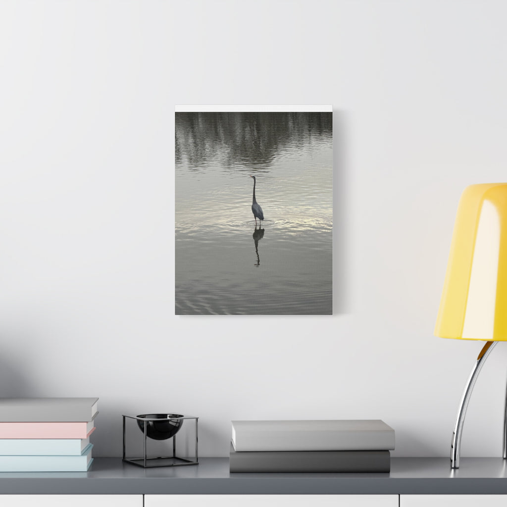 Lake Life Blue Heron Reflection Matte Stretched Canvas – Serene Wall Art