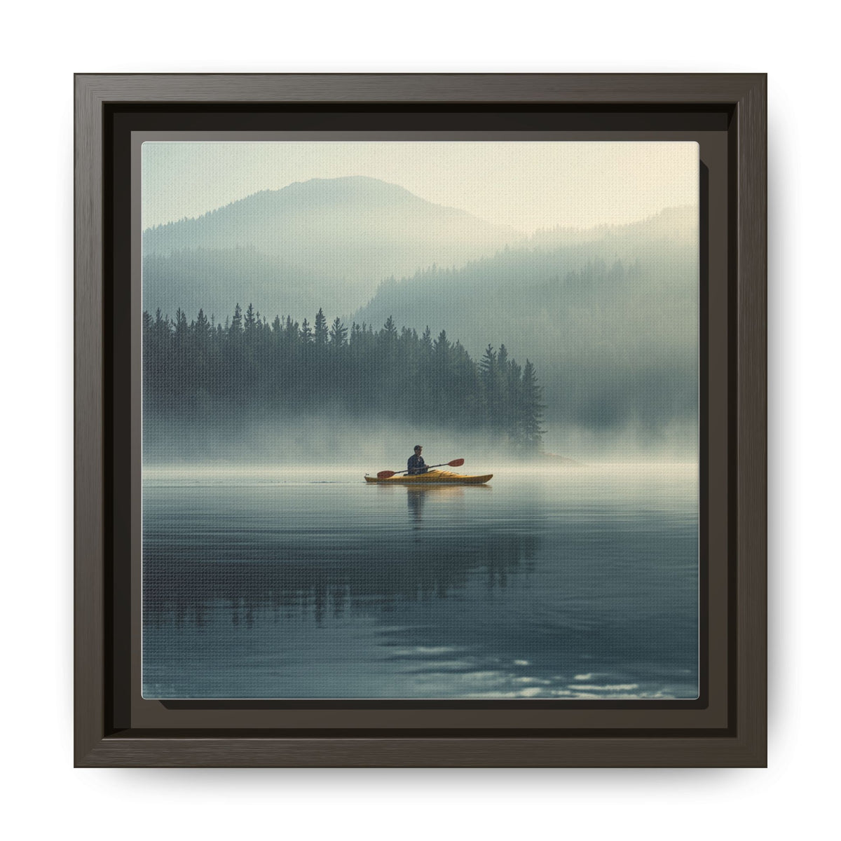 Lake Life Framed Matte Canvas: Misty Lake Kayaker Wall Art