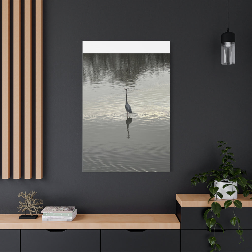 Lake Life Blue Heron Reflection Matte Stretched Canvas – Serene Wall Art