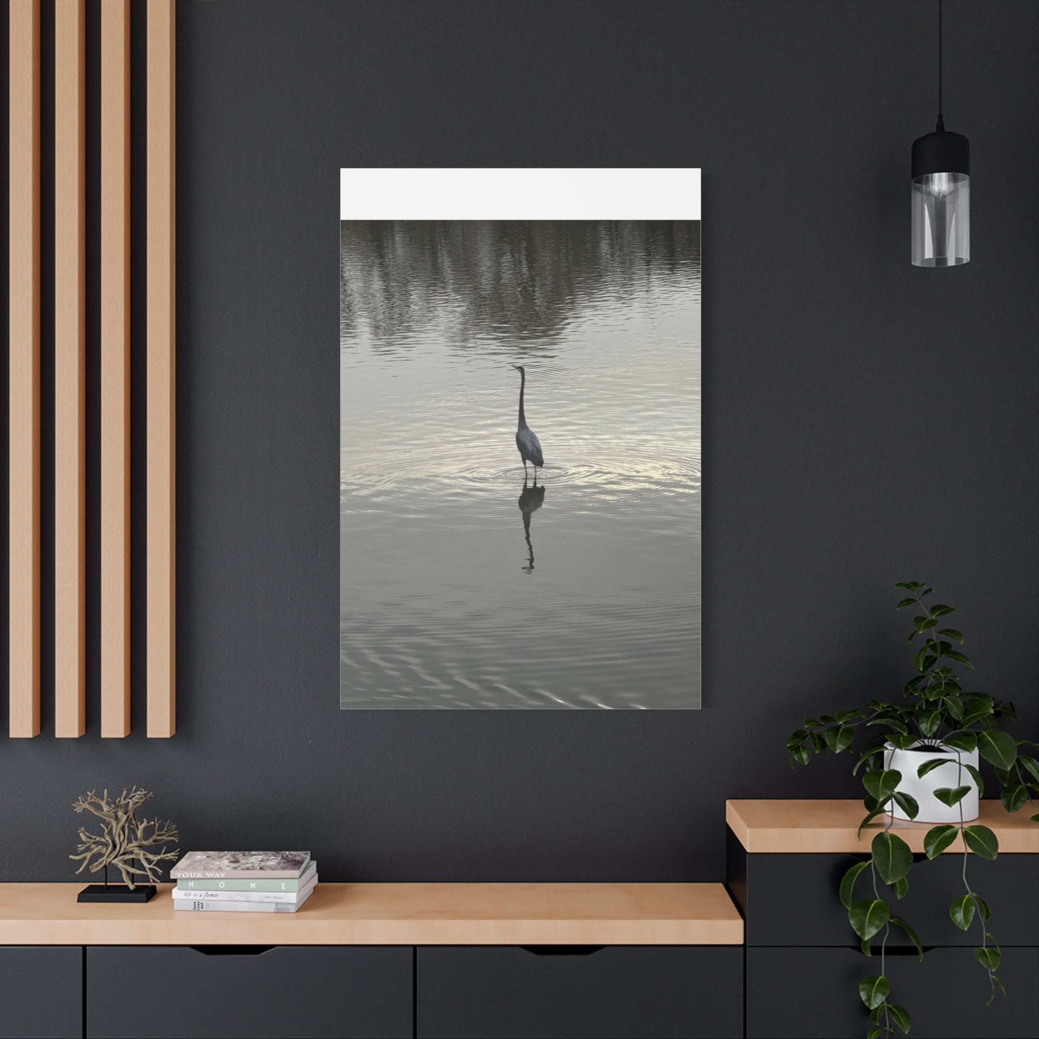 Lake Life Blue Heron Reflection Matte Stretched Canvas – Serene Wall Art