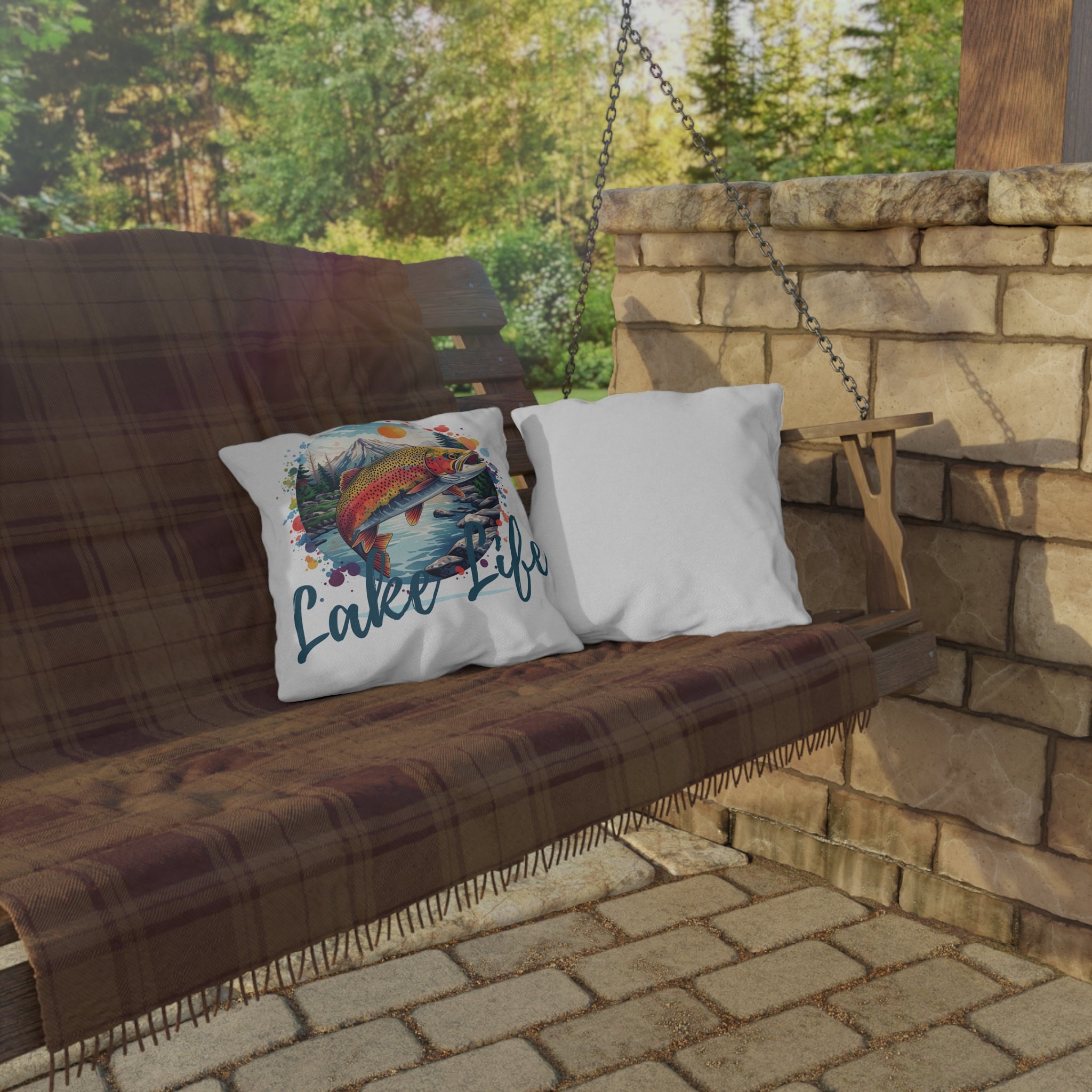 Lake Life Trout Outdoor Pillow — Fishing Cabin Decorative Throw Pillow
