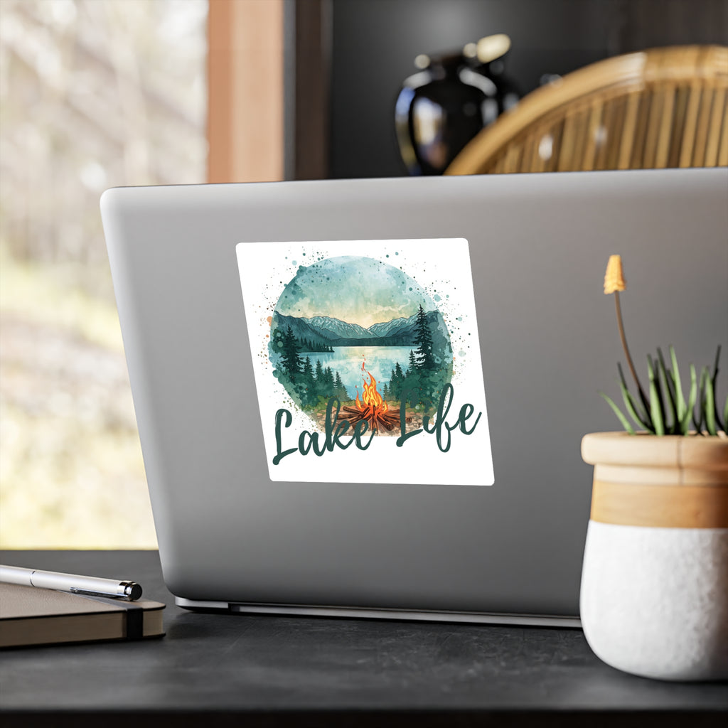 Lake Life Vinyl Sticker — Waterproof Kiss-Cut Camping Sticker with Campfire & Mountain Lake Design