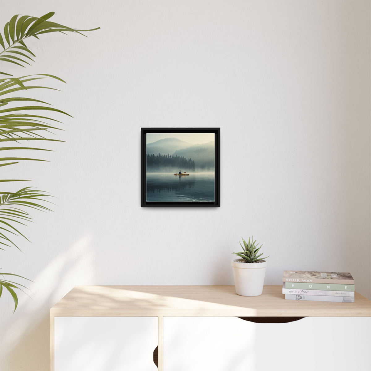 Lake Life Framed Matte Canvas: Misty Lake Kayaker Wall Art