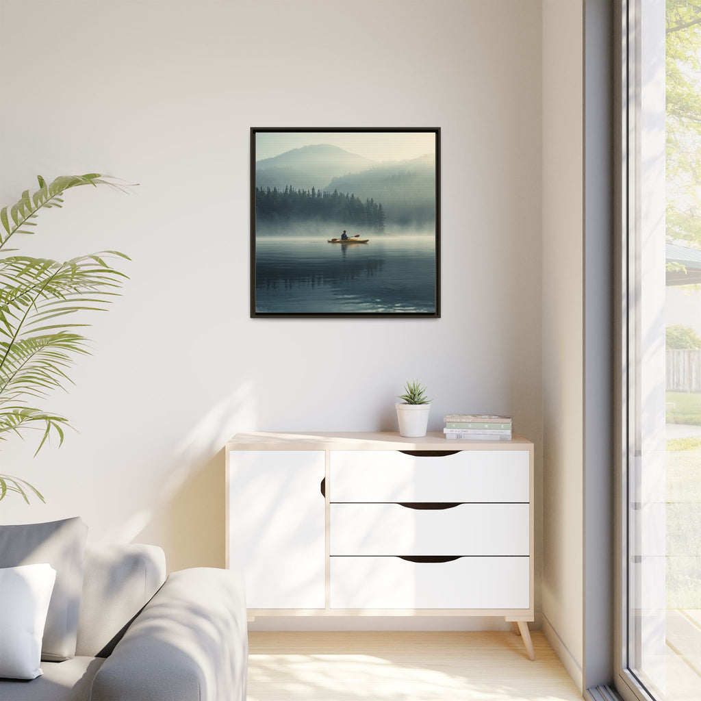 Lake Life Framed Matte Canvas: Misty Lake Kayaker Wall Art