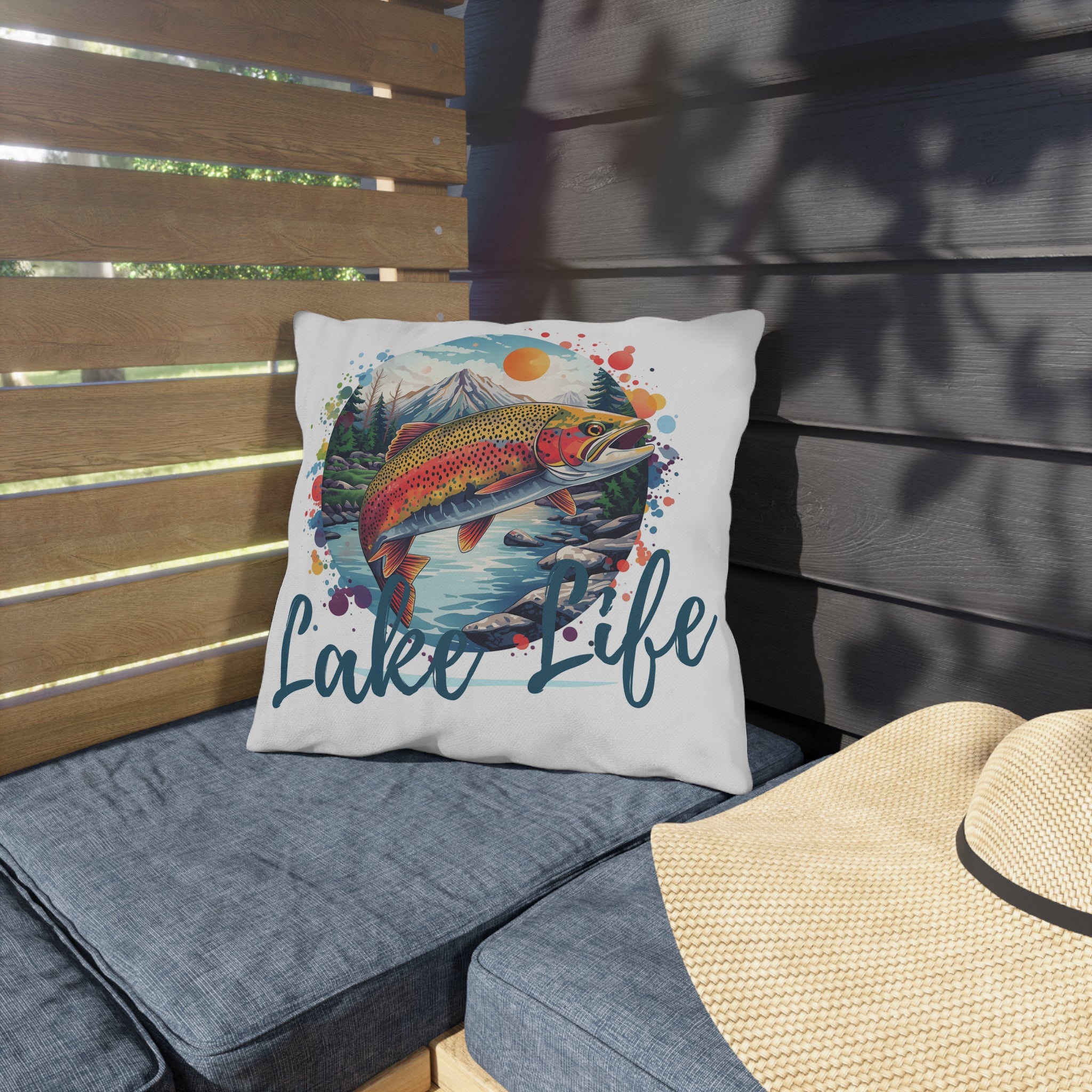 Lake Life Trout Outdoor Pillow — Fishing Cabin Decorative Throw Pillow