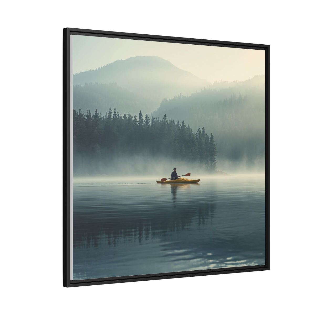 Lake Life Framed Matte Canvas: Misty Lake Kayaker Wall Art