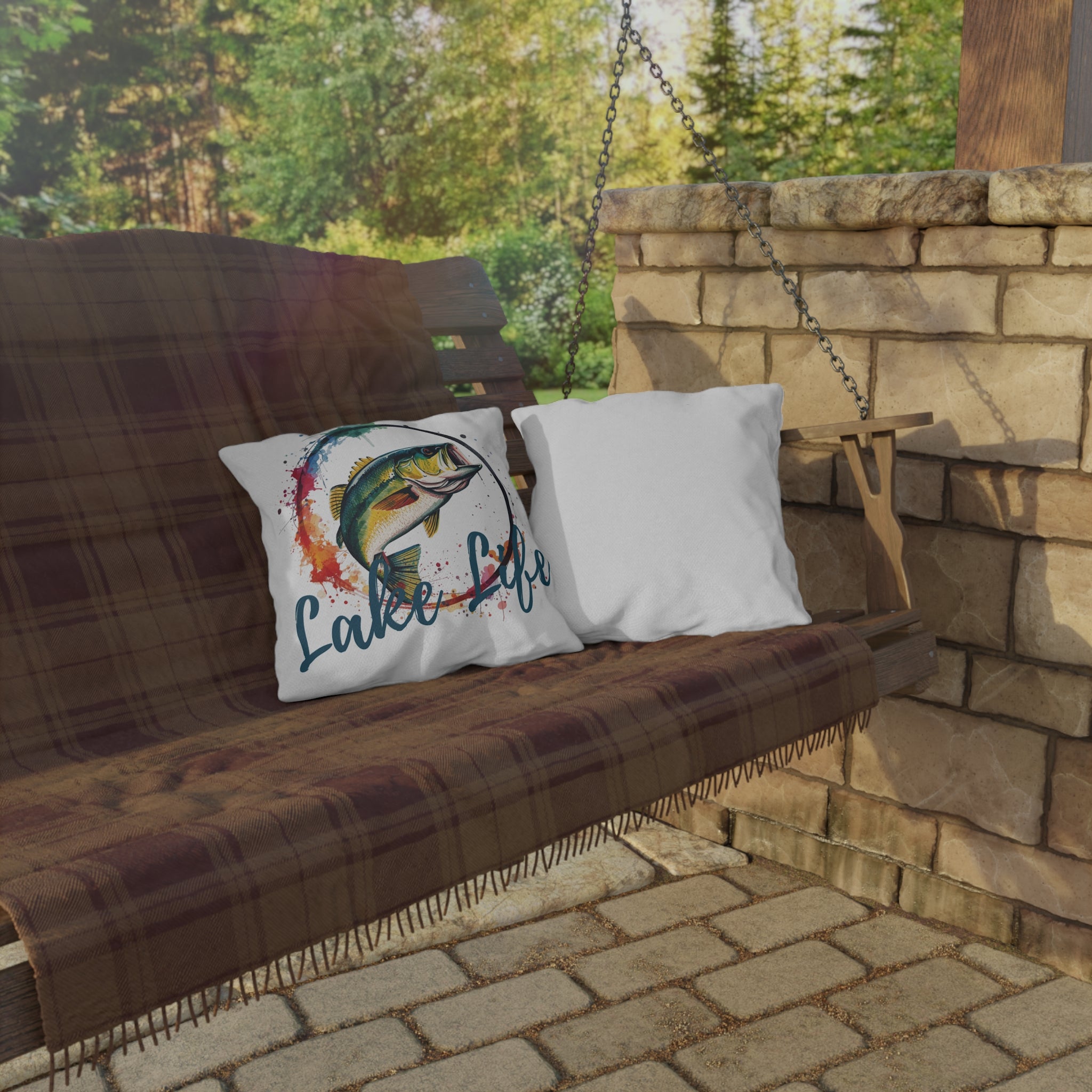 Lake Life Bass Outdoor Pillow – Colorful Fishing Cushion for Patio, Dock & Cabin
