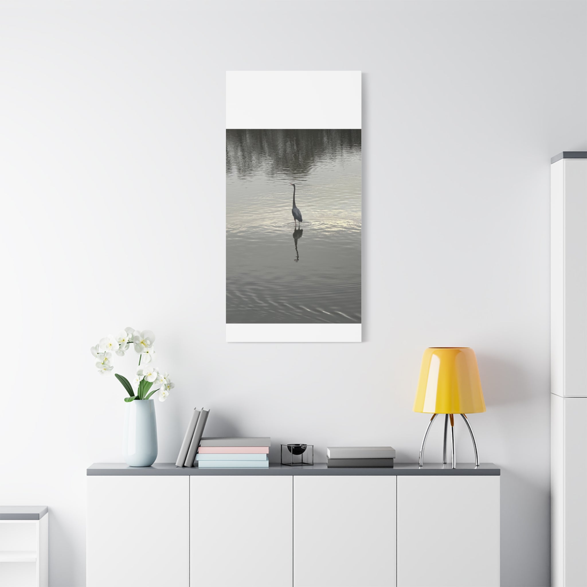Lake Life Blue Heron Reflection Matte Stretched Canvas – Serene Wall Art