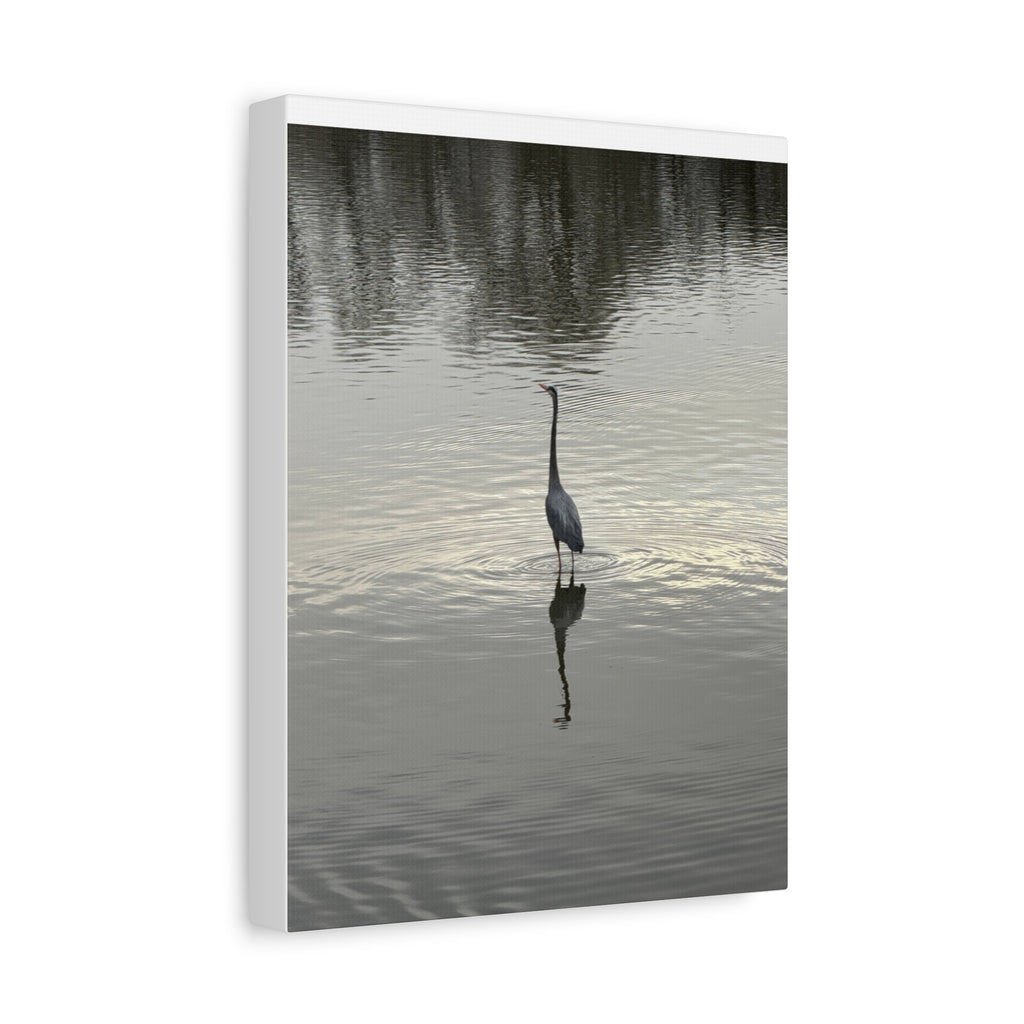 Lake Life Blue Heron Reflection Matte Stretched Canvas – Serene Wall Art