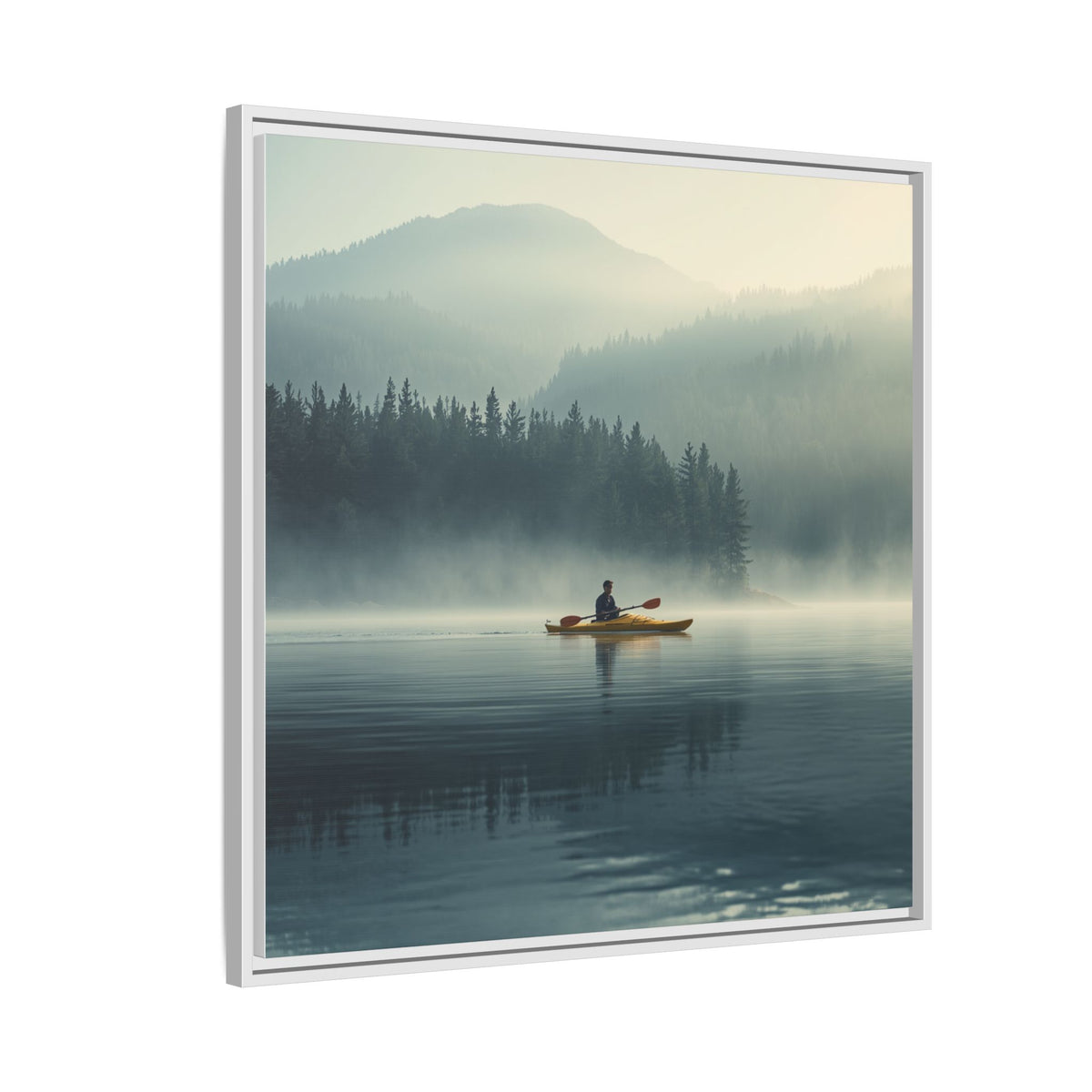 Lake Life Framed Matte Canvas: Misty Lake Kayaker Wall Art