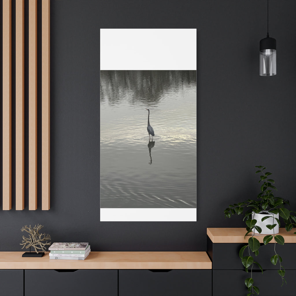 Lake Life Blue Heron Reflection Matte Stretched Canvas – Serene Wall Art