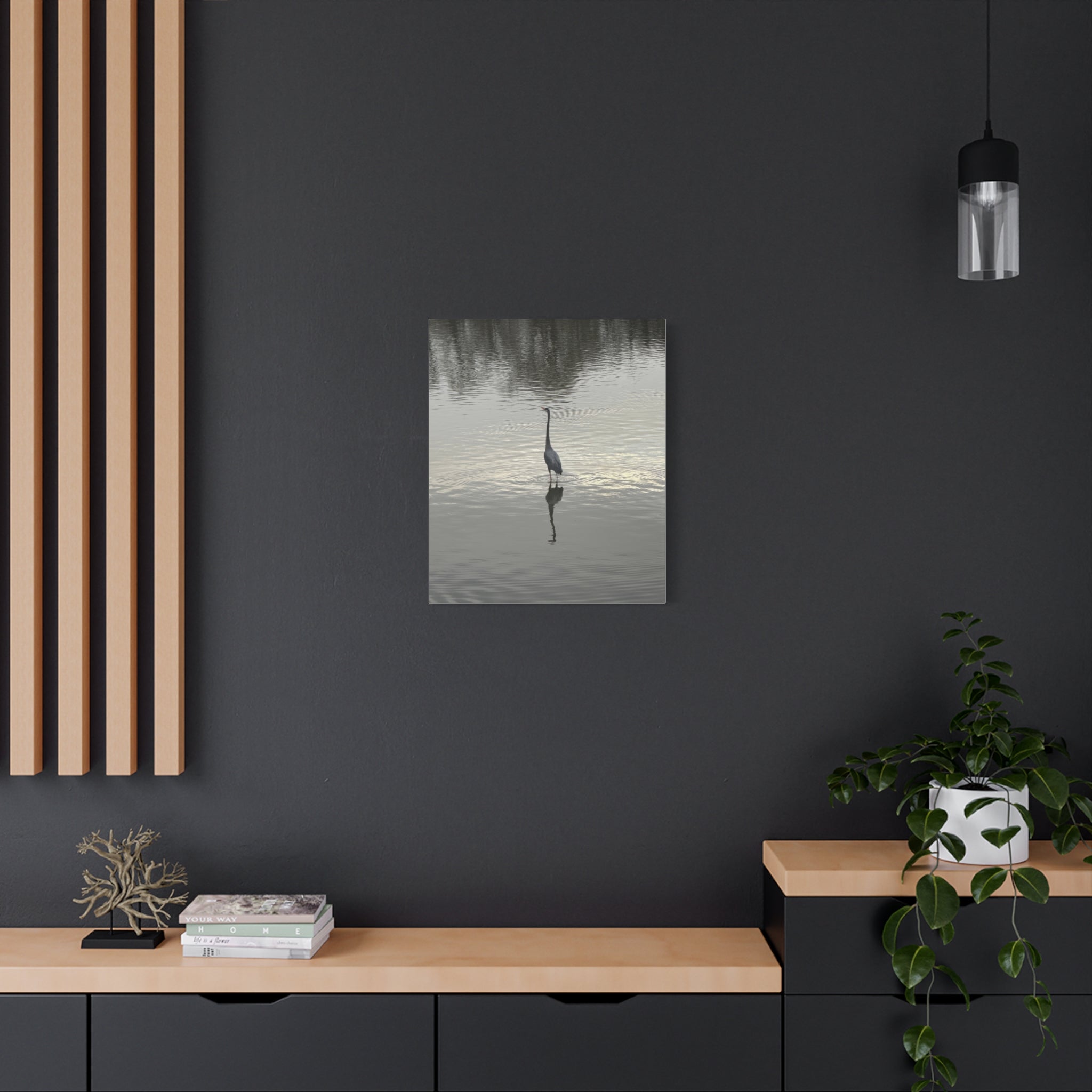 Lake Life Blue Heron Reflection Matte Stretched Canvas – Serene Wall Art