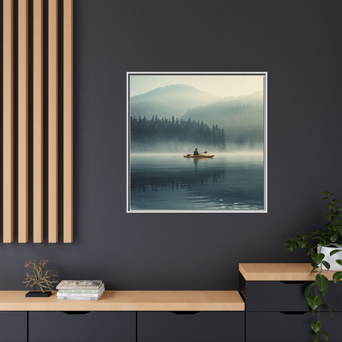 Lake Life Framed Matte Canvas: Misty Lake Kayaker Wall Art