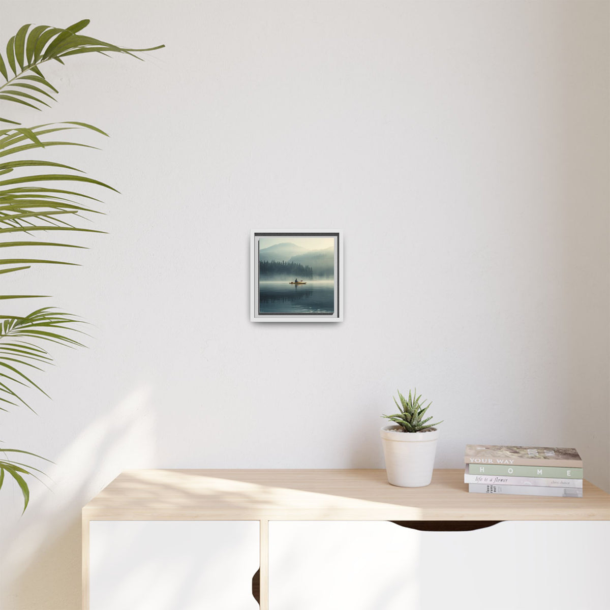 Lake Life Framed Matte Canvas: Misty Lake Kayaker Wall Art