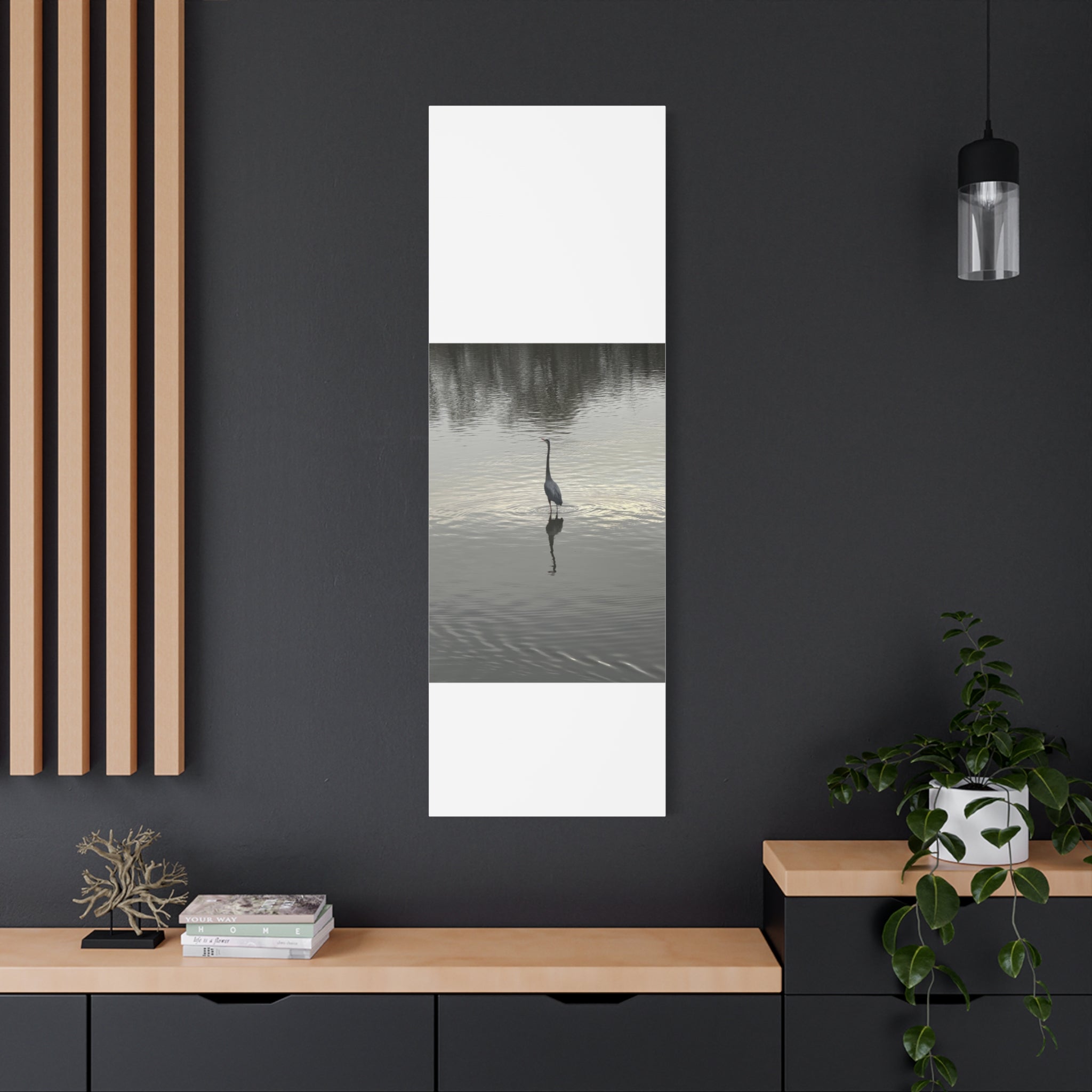 Lake Life Blue Heron Reflection Matte Stretched Canvas – Serene Wall Art